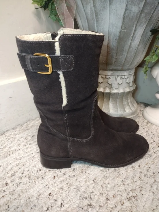 Talbot's Tinley Women's Dark Brown Suede Mid-Calf Shearling Lined Boots - Picture 10 of 10